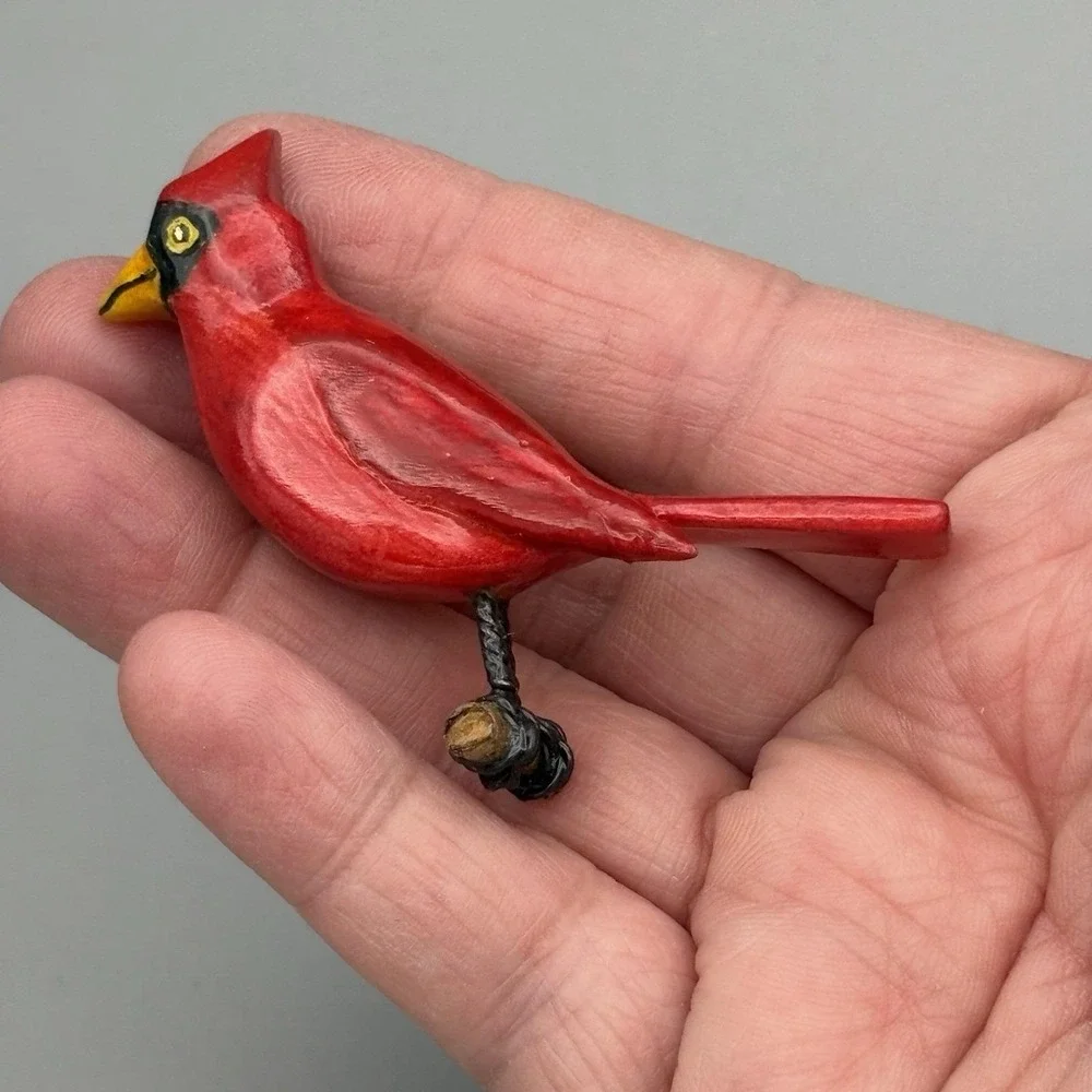 Vintage Wood Hand Painted Bird Cardinal Brooch EUC Japanese Signed